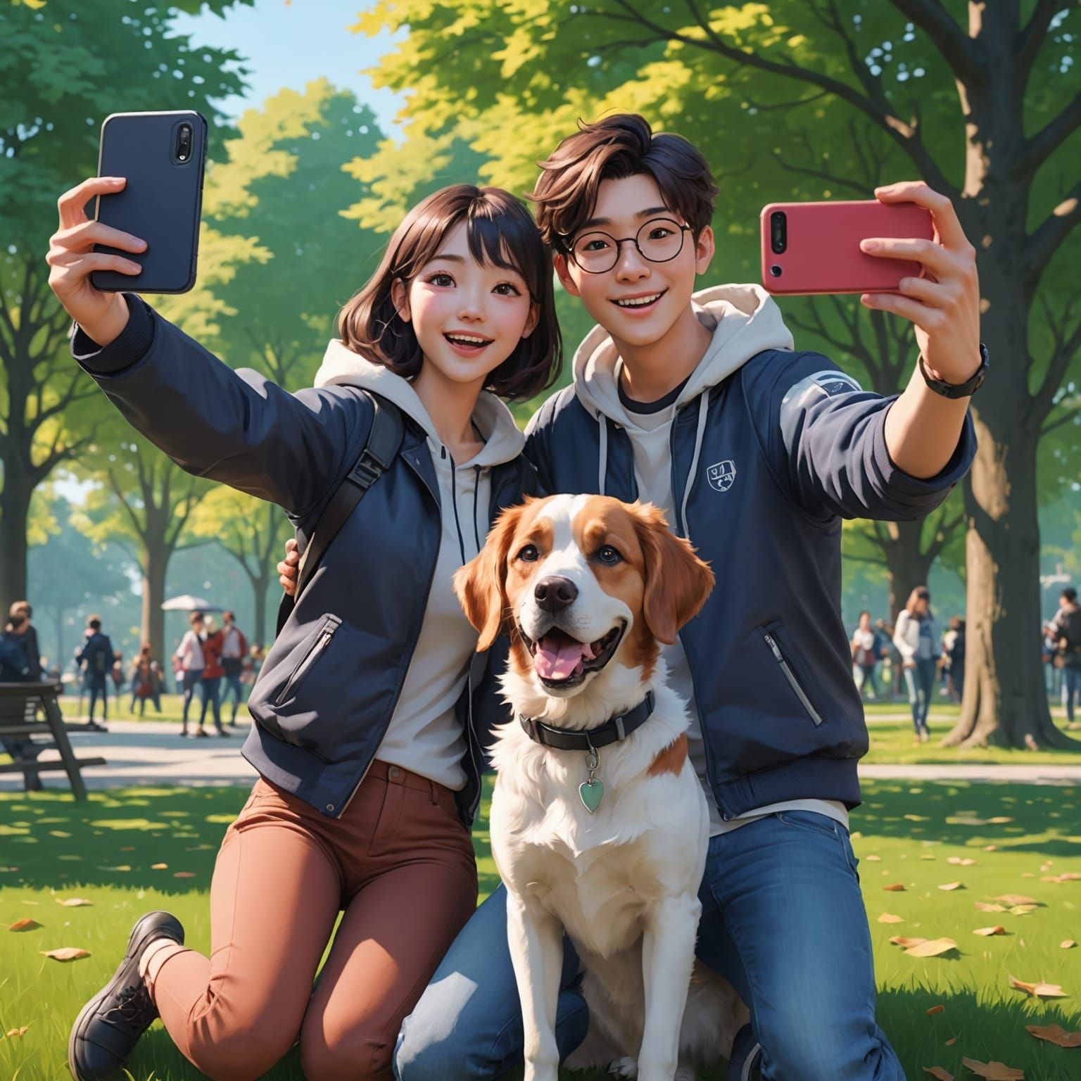 Anime Style Couple Selfie with Playful Dog