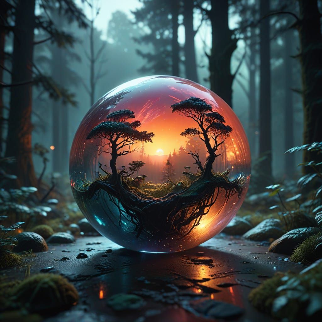 Mystical Glass Orb Suspension in Ethereal Forest