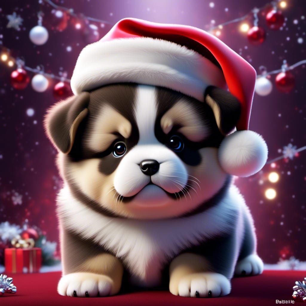 Cute Confident Puppy in Santa Hat, Photorealistic