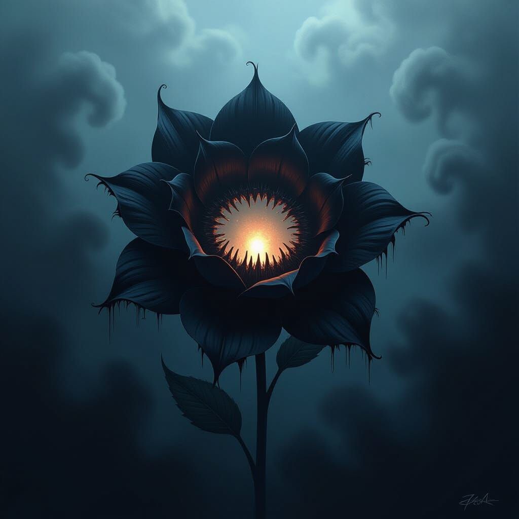 Gothic Black Flower With Frozen Teeth in Dark Smoke