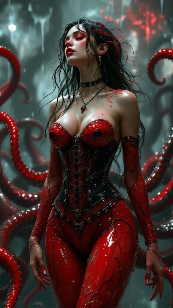 Eldritch Gothic Beauty with Red Tentacles
