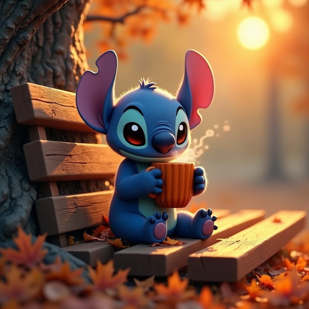 Stitch Sipping Latte in Autumn, Matte Painting