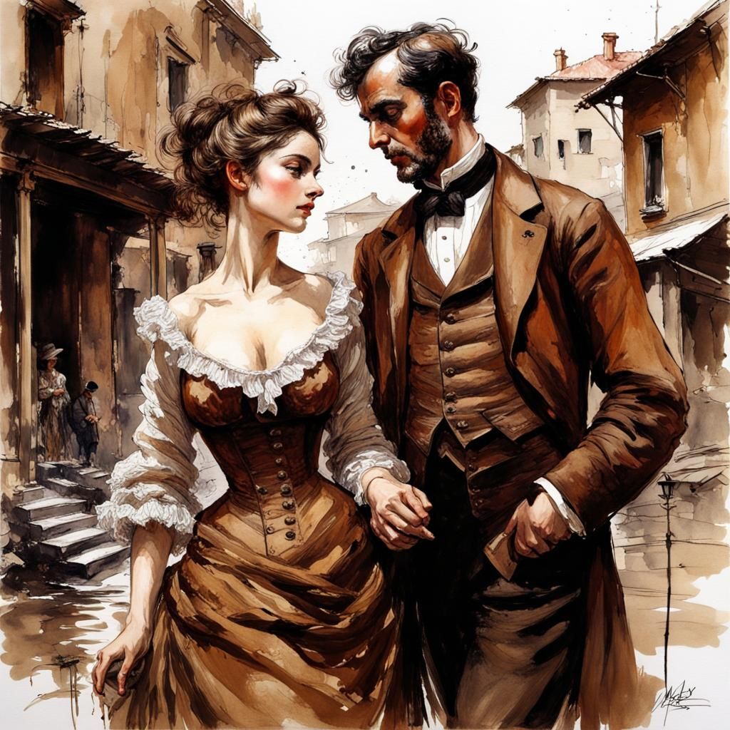 Victorian Era Couple in Ink Splash Art