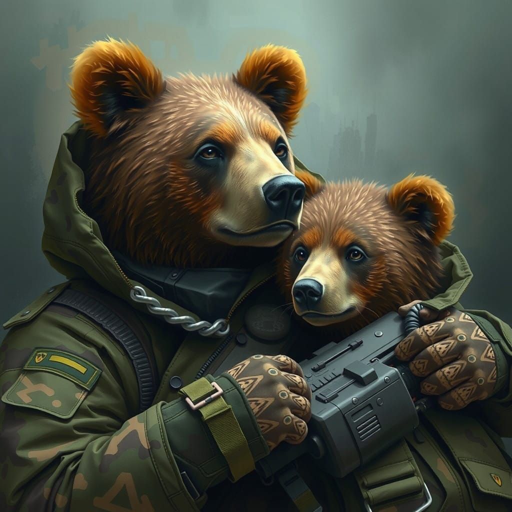 Mother Bear in Fatigues Hibernate in Winter Landscape