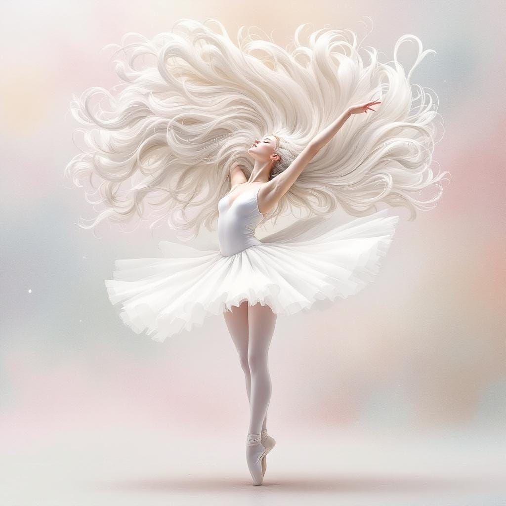 Ballerina with Abstract White Hair in Watercolor