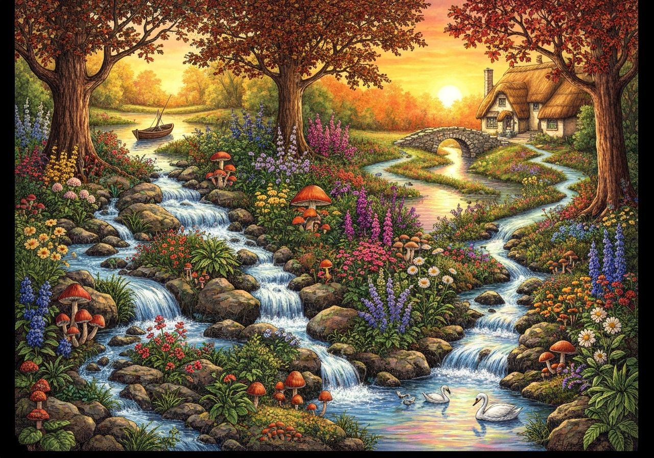 Enchanting Woodland Garden Waterfall Scene at Sunset