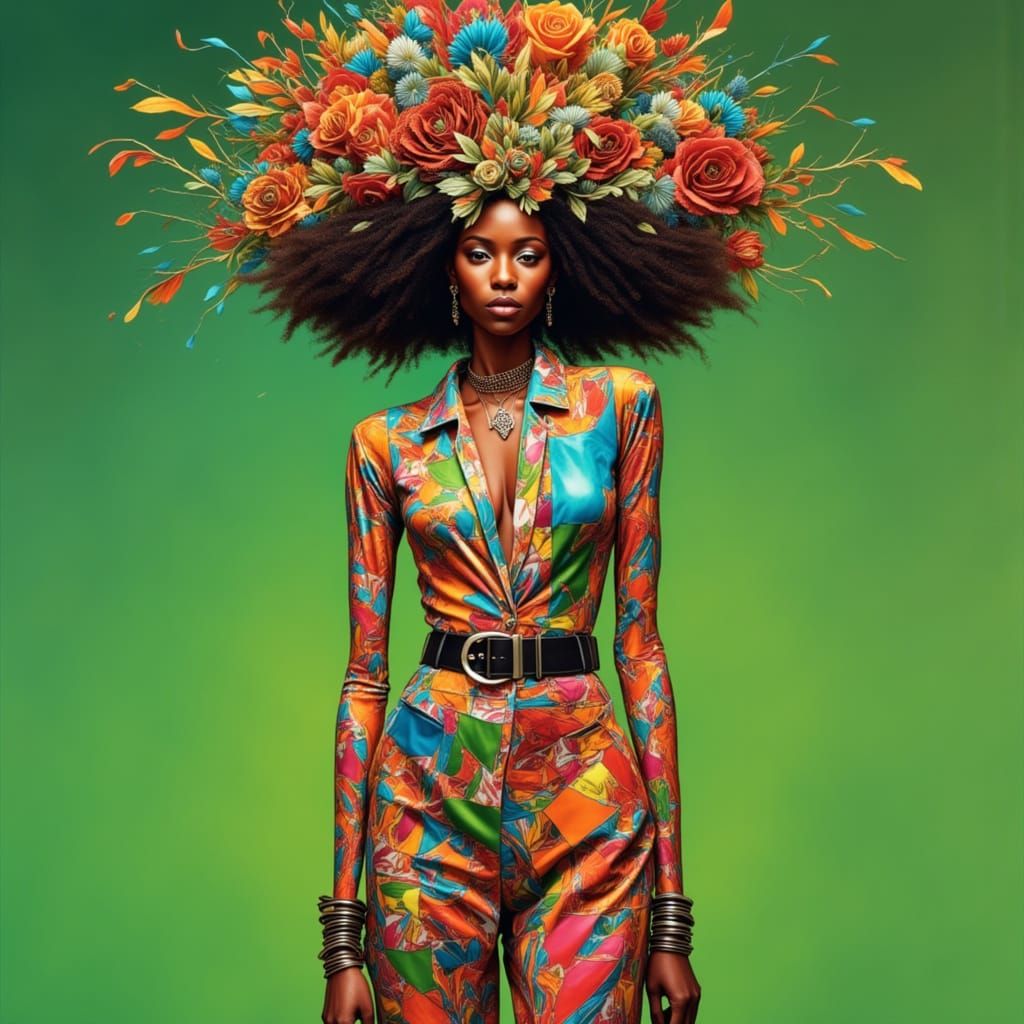 Psychedelic Afro Woman in Noir Collage Style