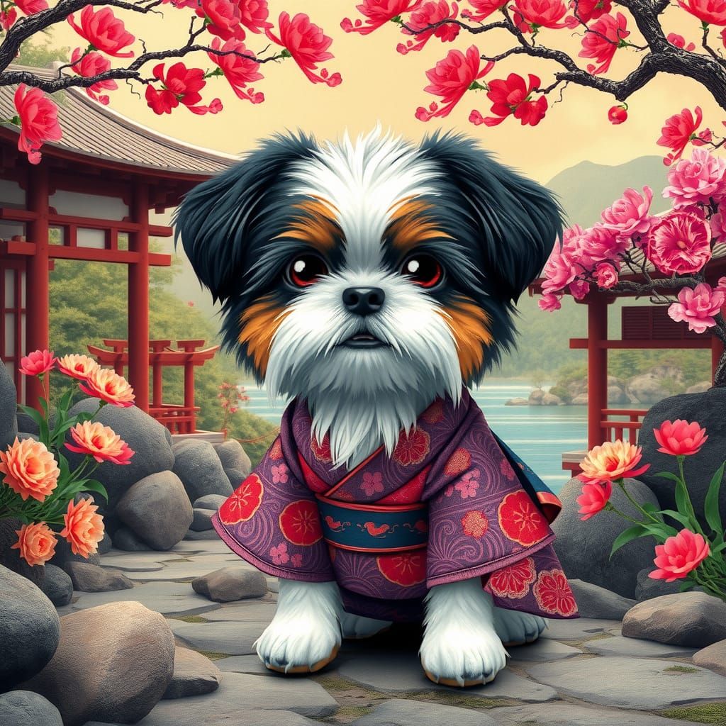 Chibi Shih Tzu in Kimono, Ukiyo-e Style