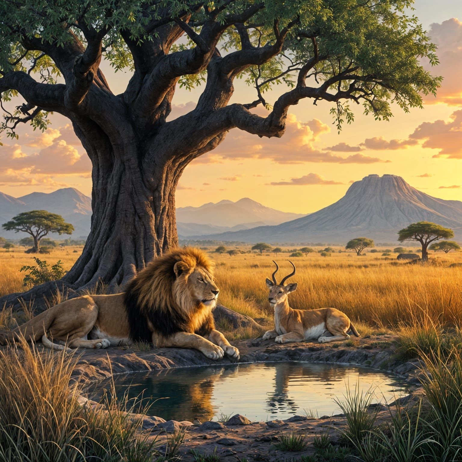Lion and Gazelle Rest Peacefully at Dusk in African Veldt