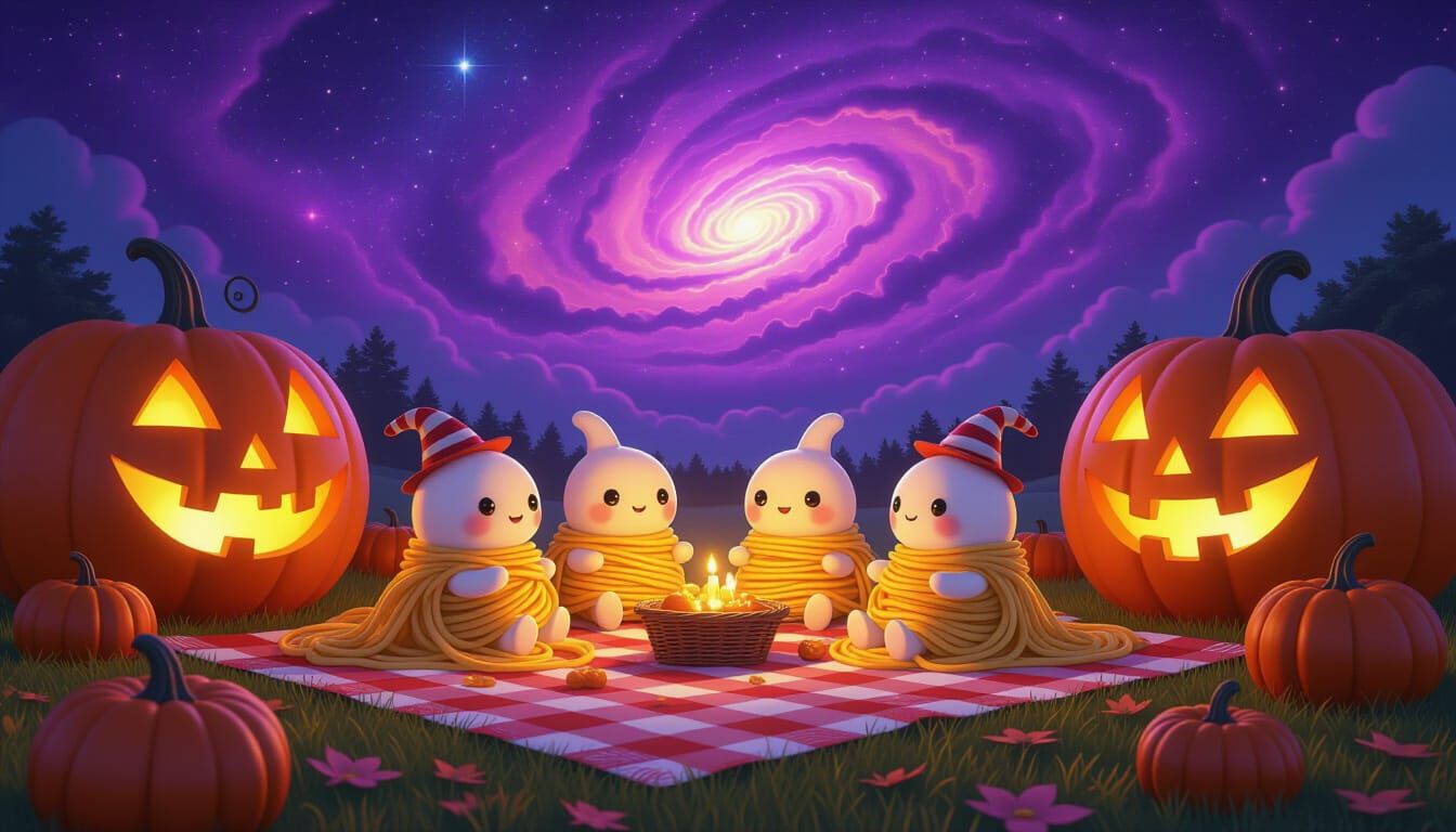 Whimsical Spaghetti Creatures Picnic Under Cosmic Sky