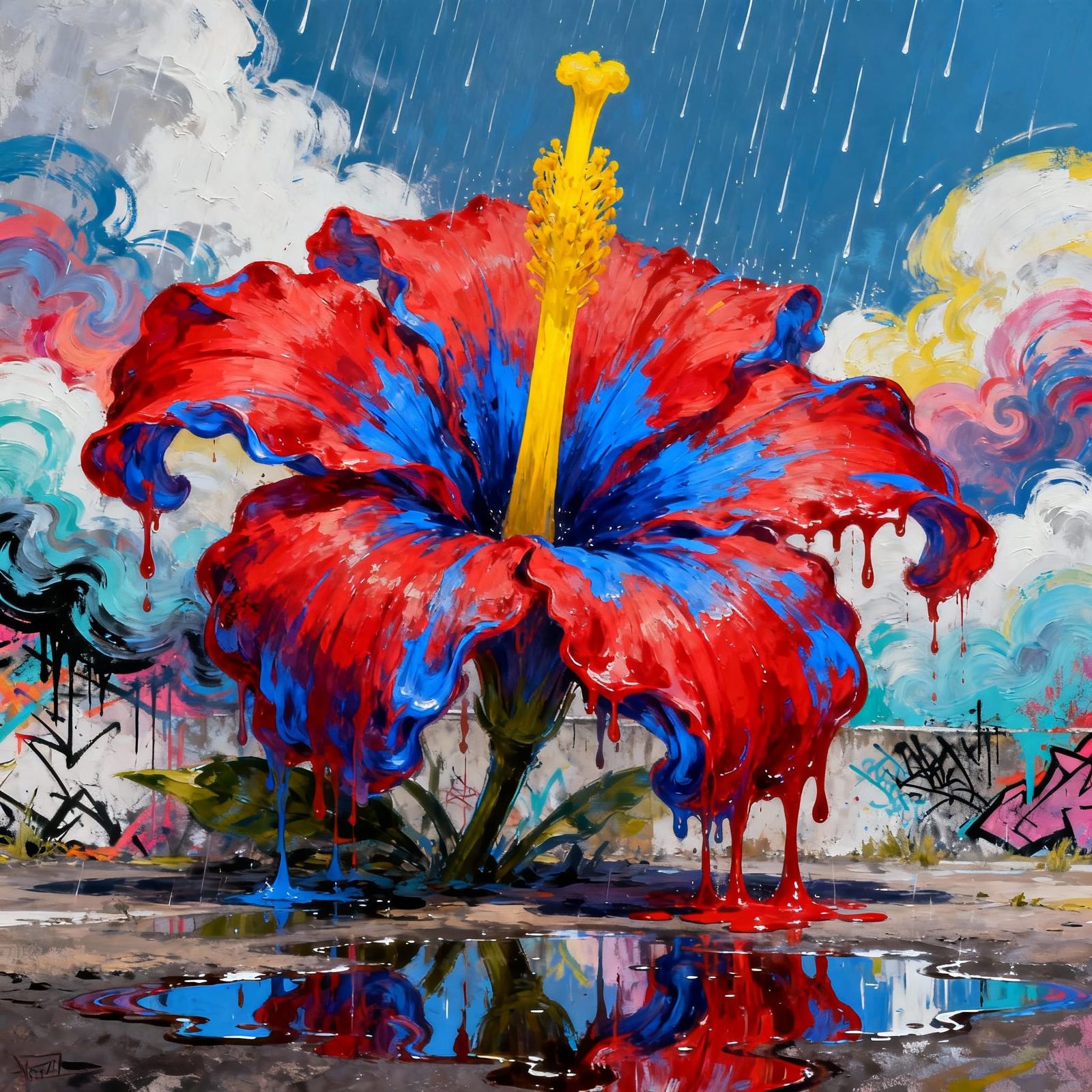 Vibrant Red & Blue Flower with Colorful Clouds and Rain