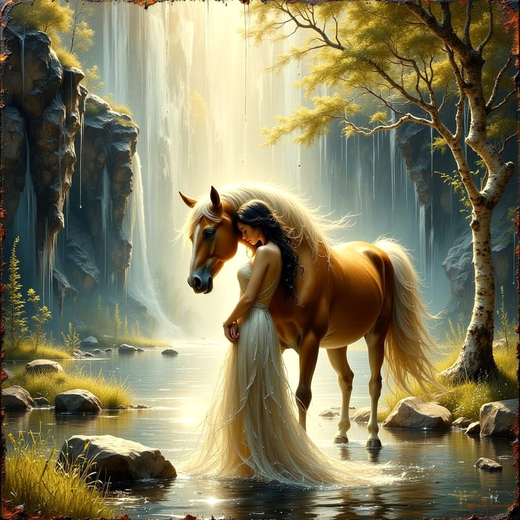Woman and Horse Under Waterfall in Encaustic Oil Style