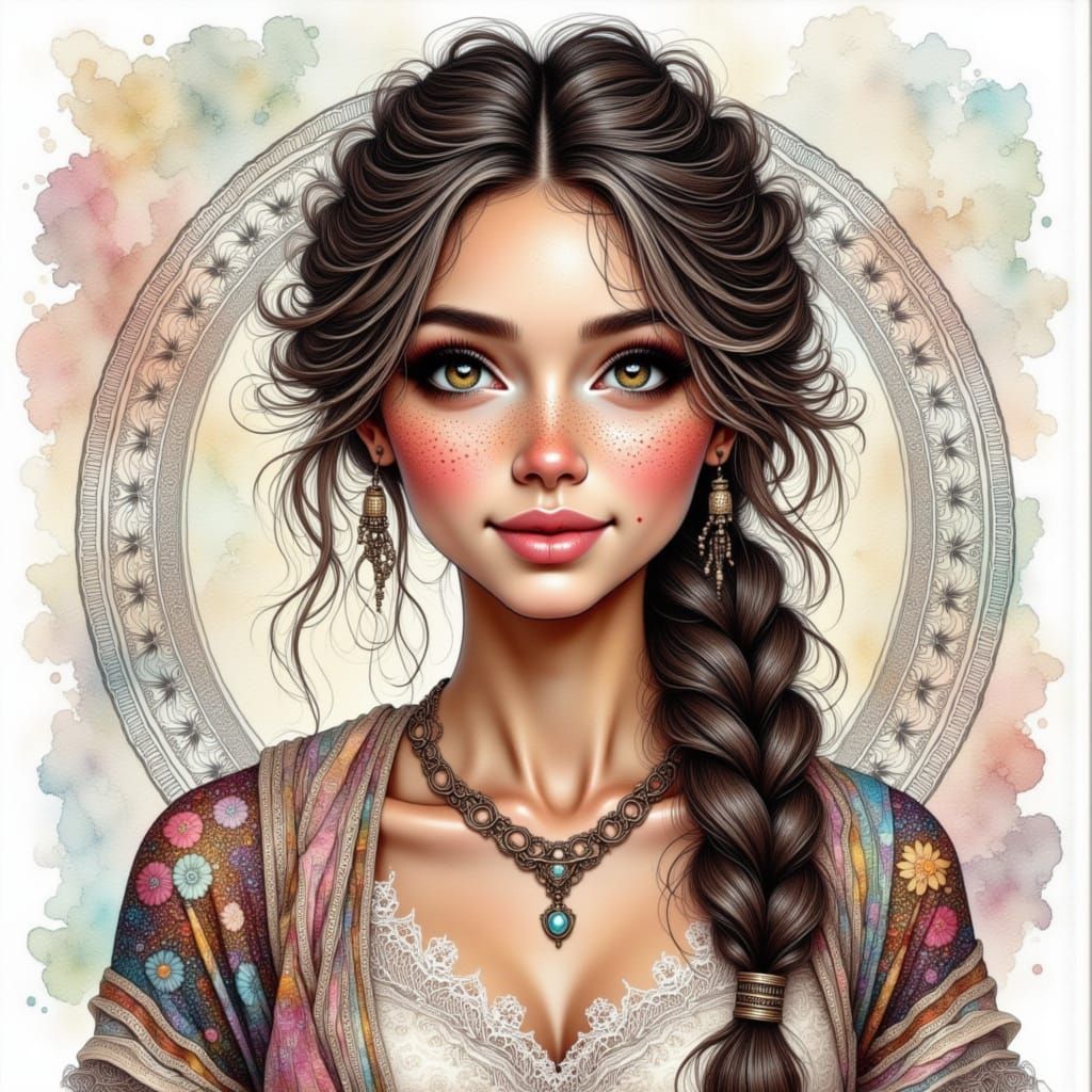 Bohemian Woman with Mandala Motifs in Digital Painting