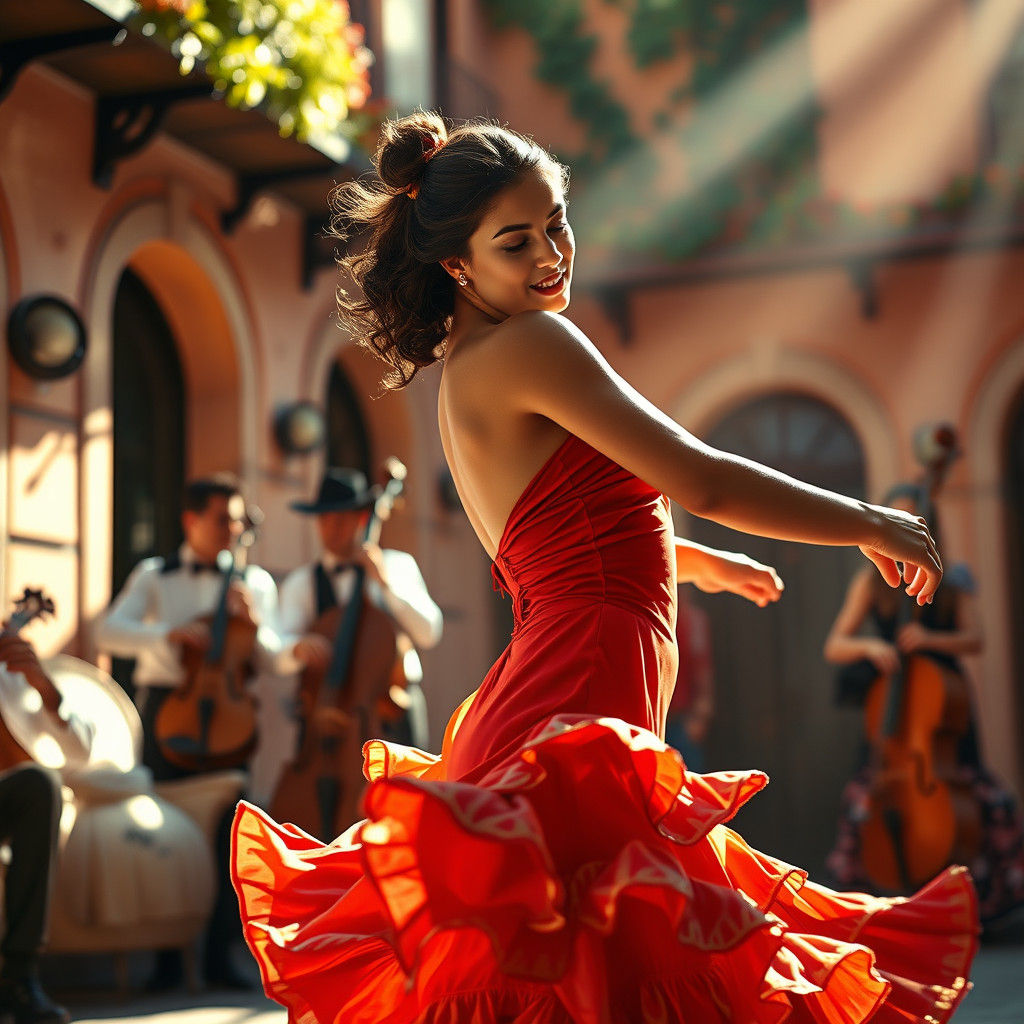 Flamenco Dancer in Sun-Drenched Spanish Courtyard