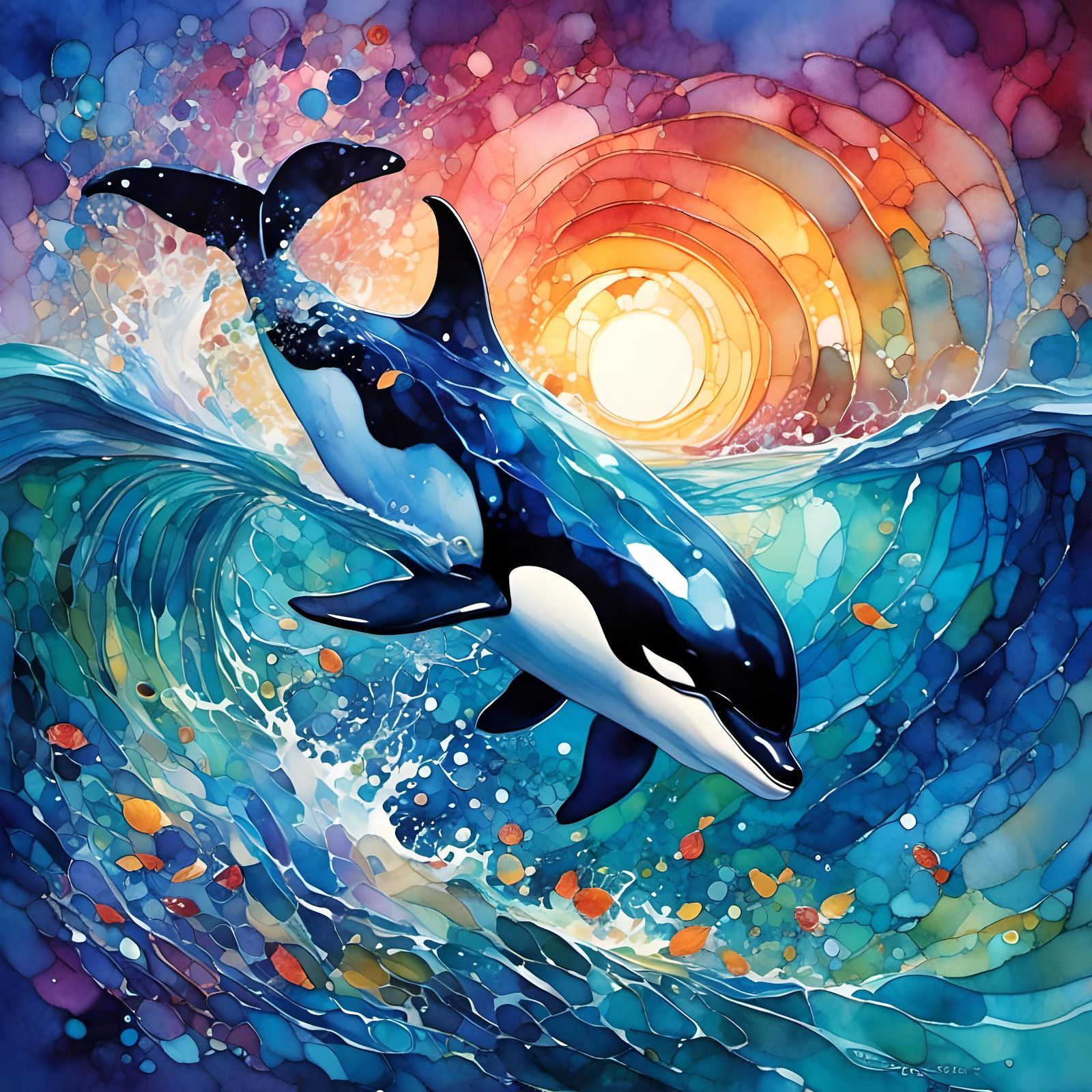 Stained Glass Orca Leaps at Sunset