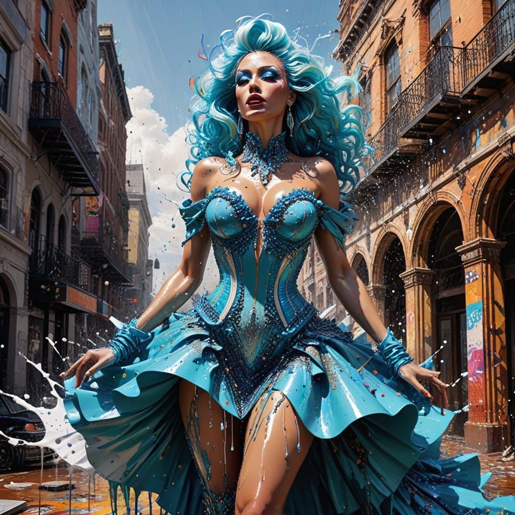 Surreal Woman in Collapsing Architecture: Acrylic Pour