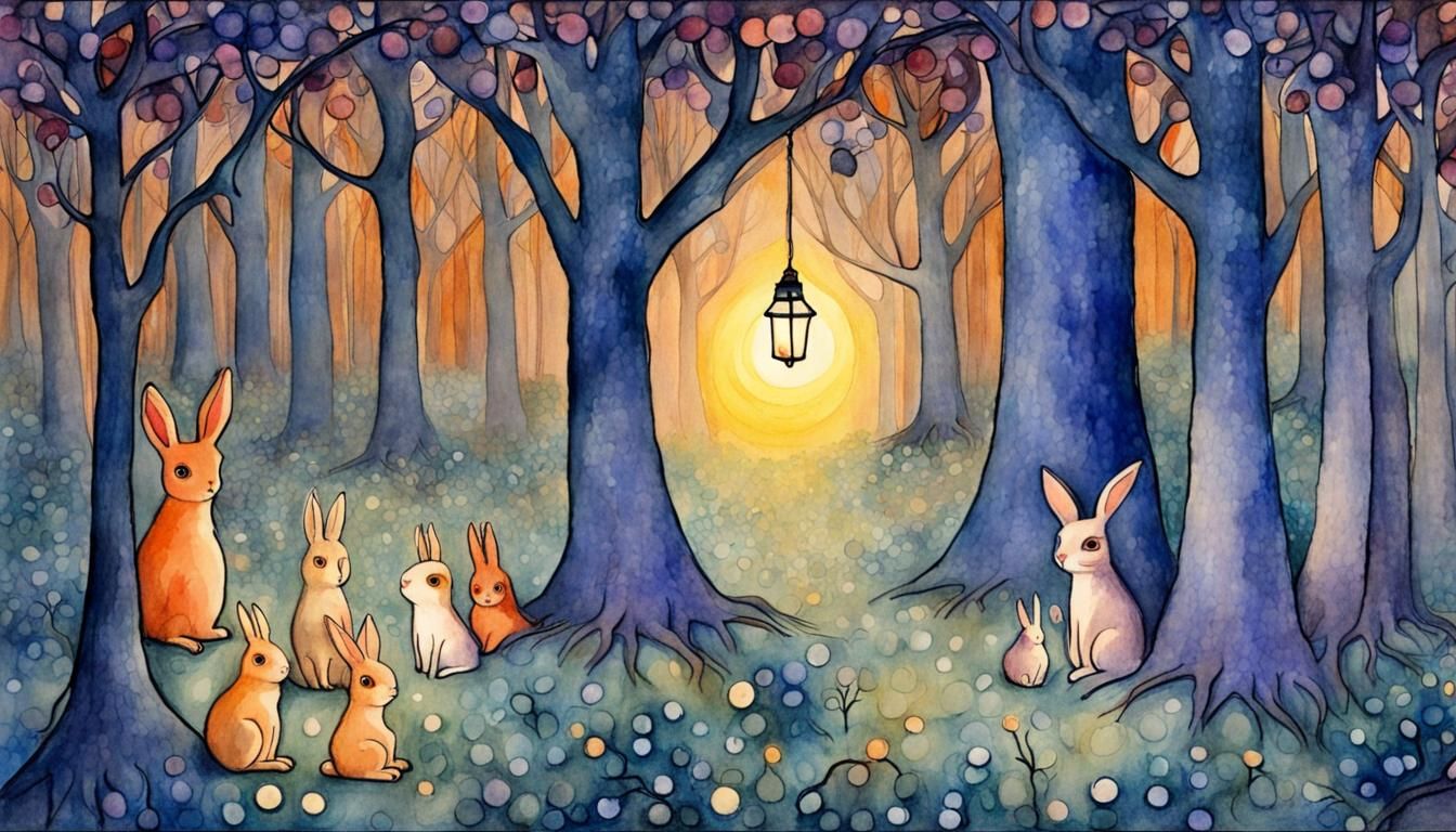 Rabbit and Demons in Forest, Klimt-Klee Watercolor