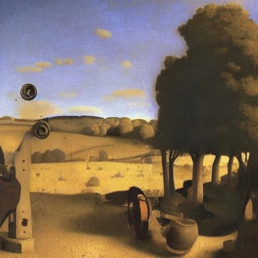 16k resolution, art by Johannes Vermeer, Grant Wood, mundane robotic life, robots in farming, small-town robot interacti...