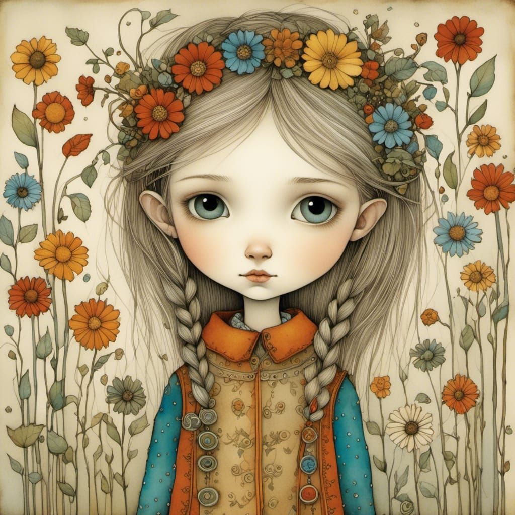 Whimsical Girl in a Colorful Folk Art Style