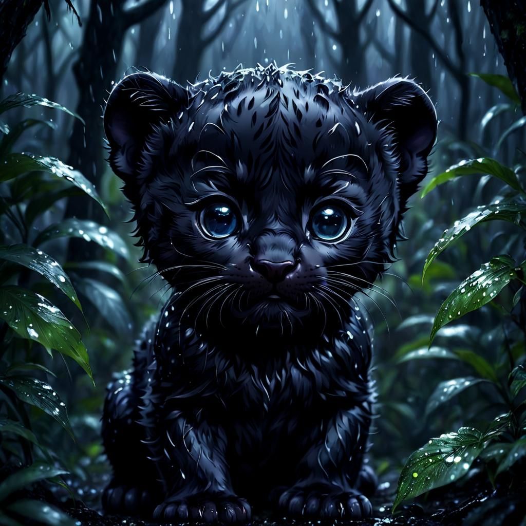 Adorable Black Panther Cub in Dark Forest