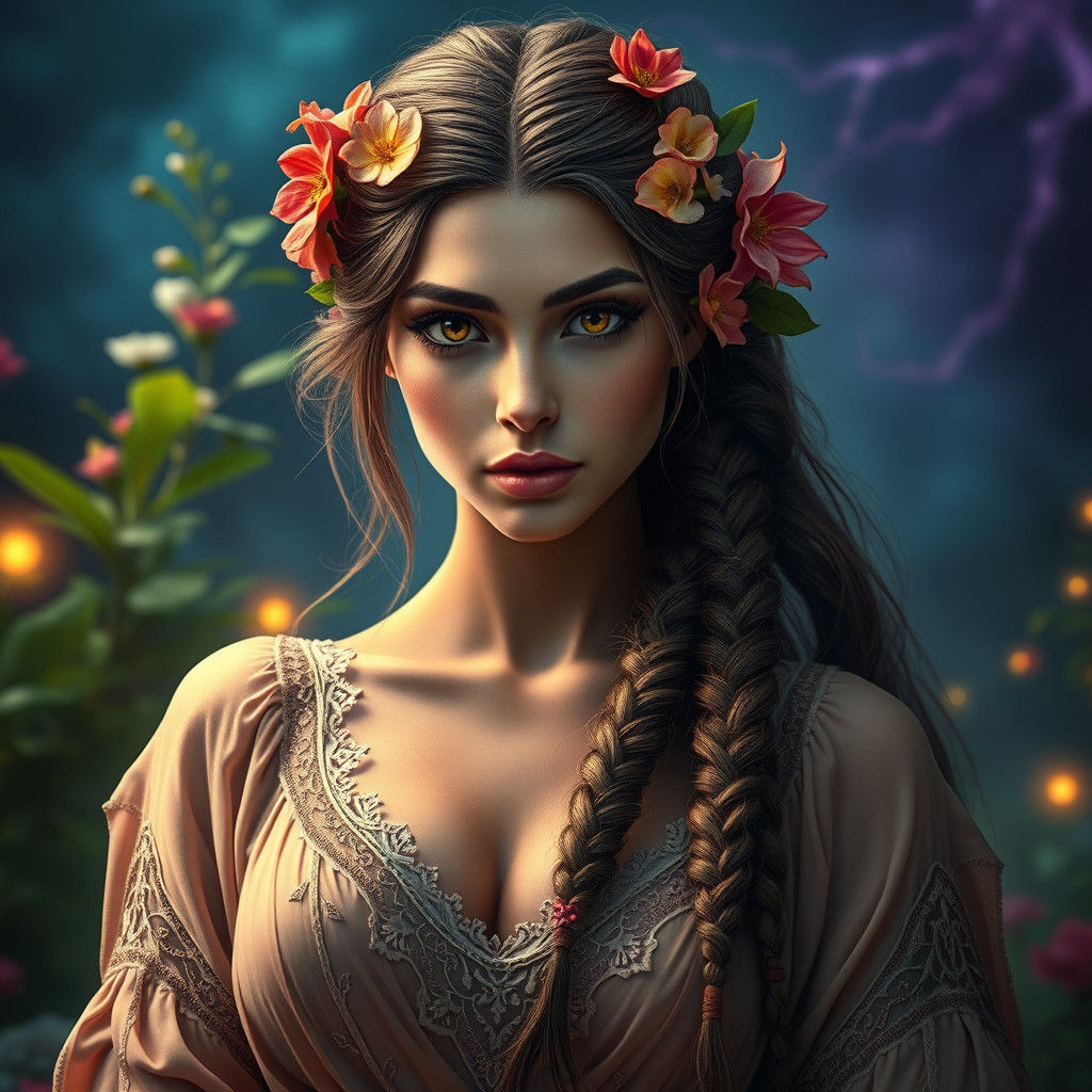 Majestic Woman with Flowers in Hair, Fantasy Art