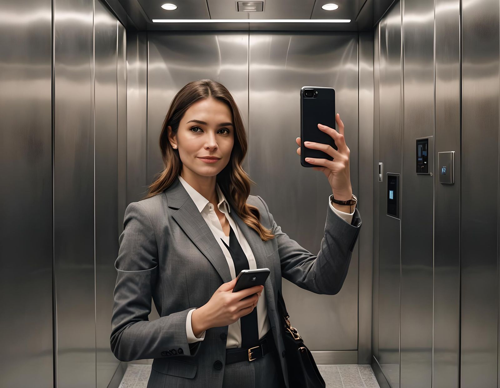 Woman in Business Suit Taking Selfie in Elevator