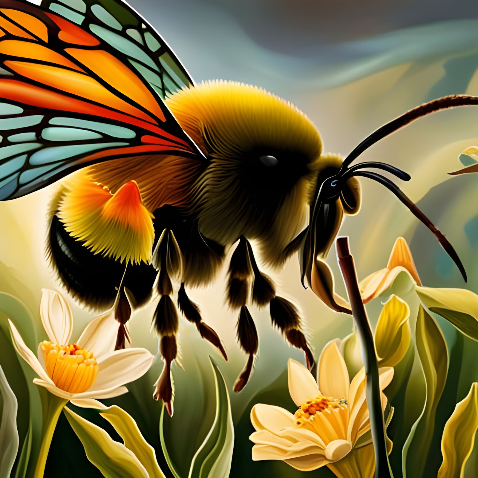 Fairy Petting Giant Bee Detailed Painting