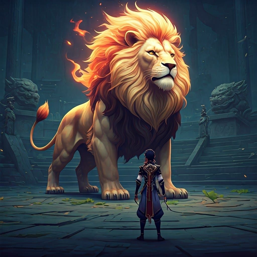 Regal Warrior Commands Lion in Anime-Inspired Arena