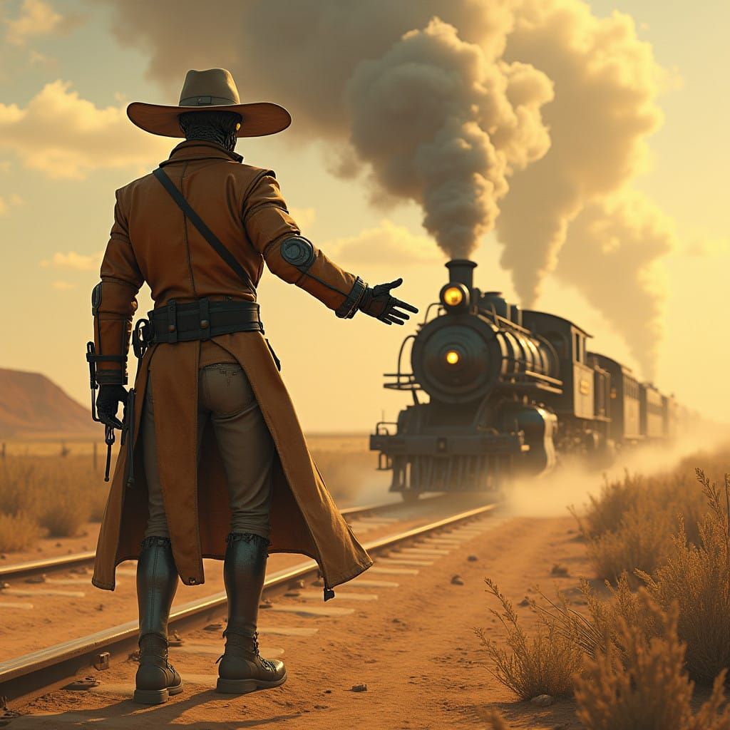 Futuristic Western Hero Robot Stands Tall Against Steam Trai...