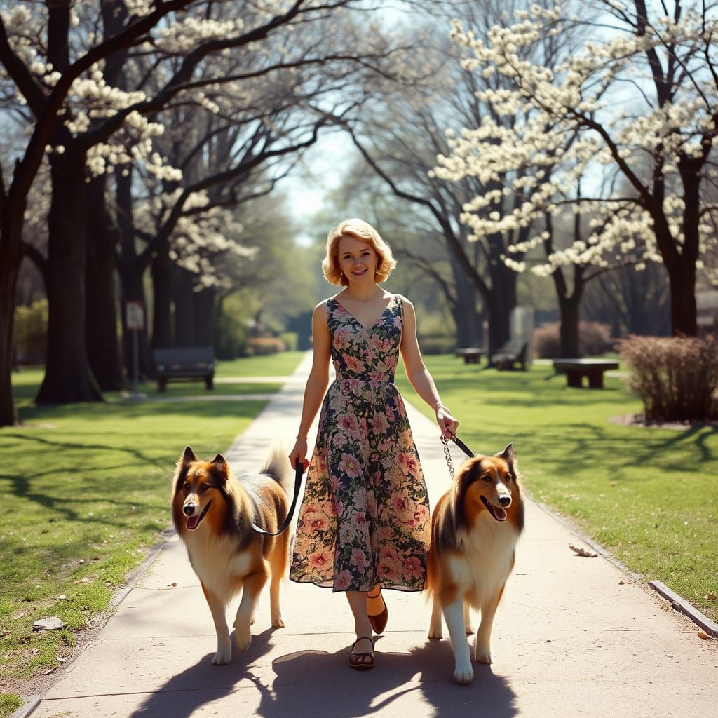 June Lockhart with Lassie-like Collies in Spring Park