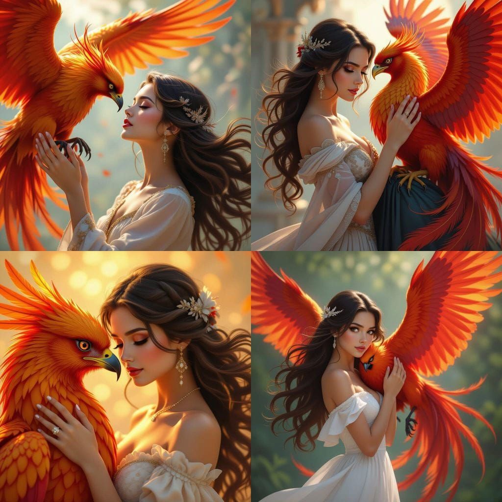 Girl and Phoenix in Close Up, Realistic Style