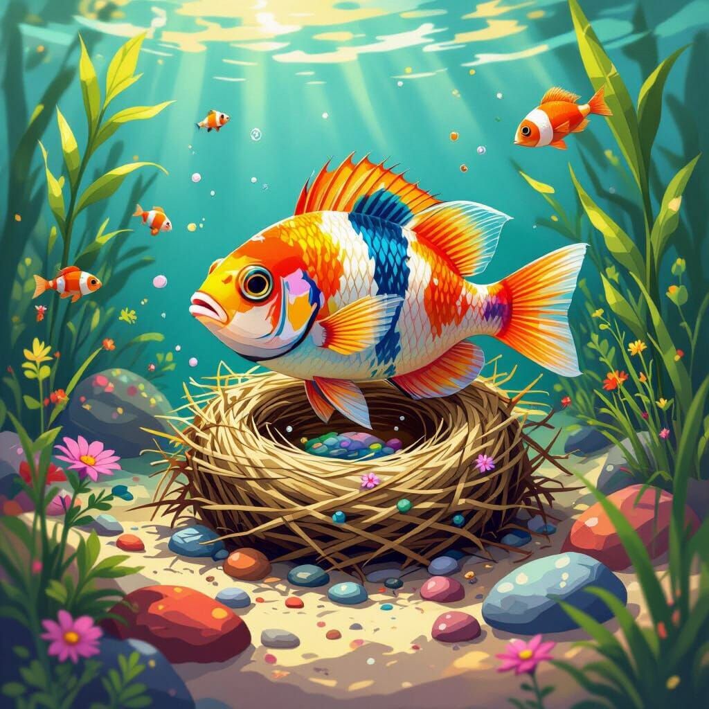 Cichlid Building a Nest in Playful Digital Art Style