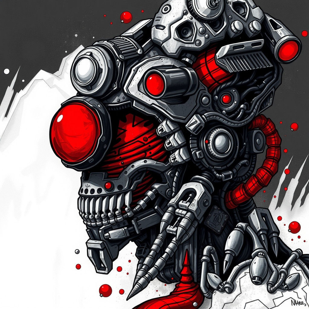 Fantastical Doodle Drawing in Black, White, and Red