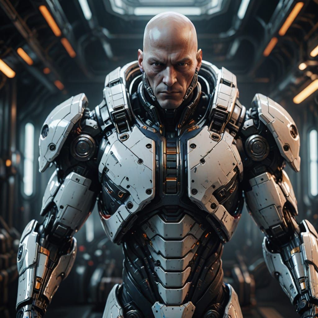 Muscular Bald Man in Detailed Mech Suit