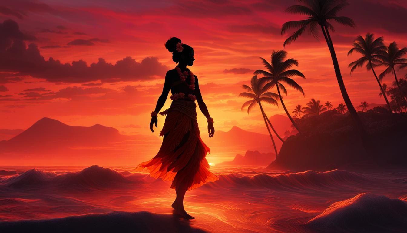 Hawaiian Sunset with Hula Dancer Silhouette