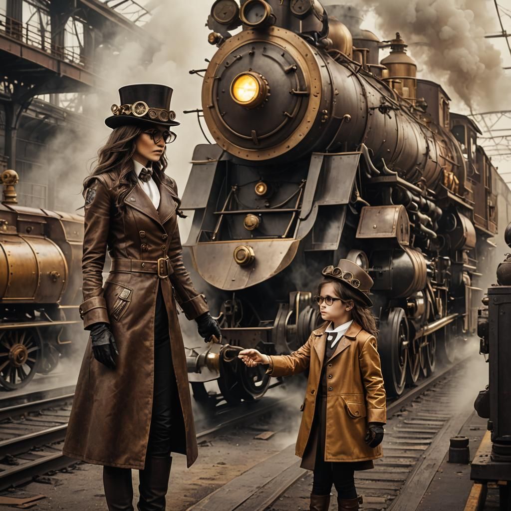 Steampunk Woman and Child with Mechanical Doll