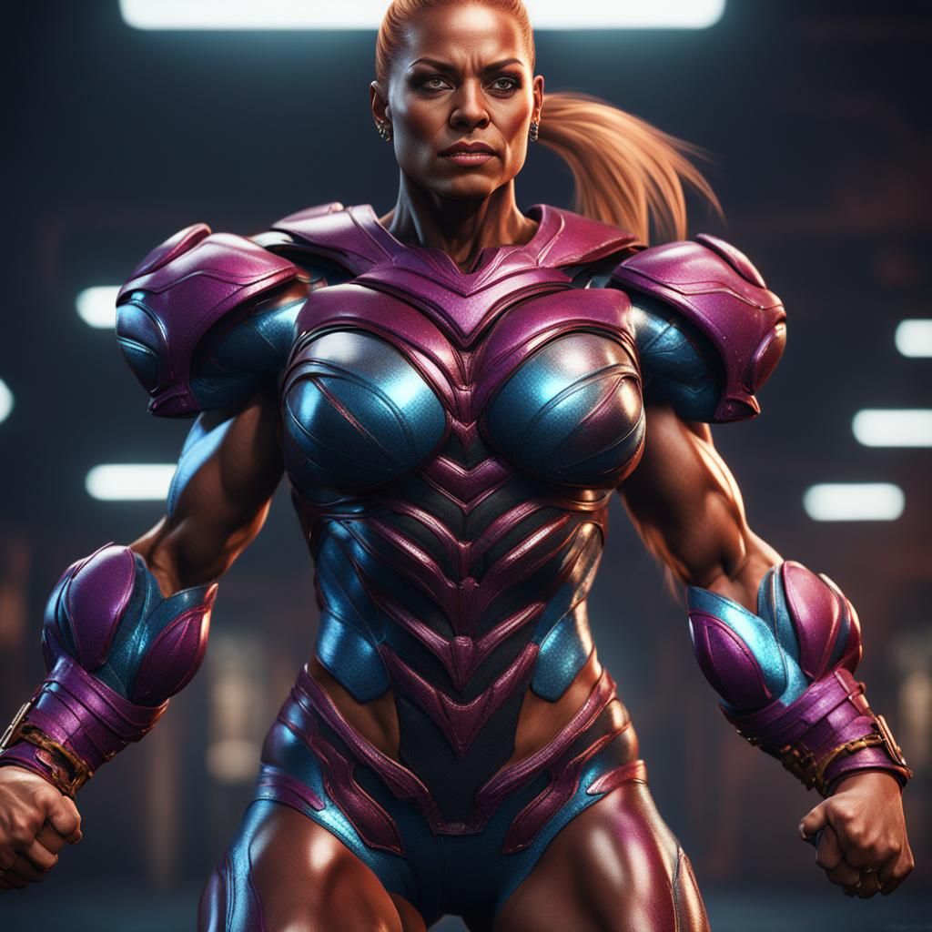 Muscular Female Bodybuilder in Shiny Spandex
