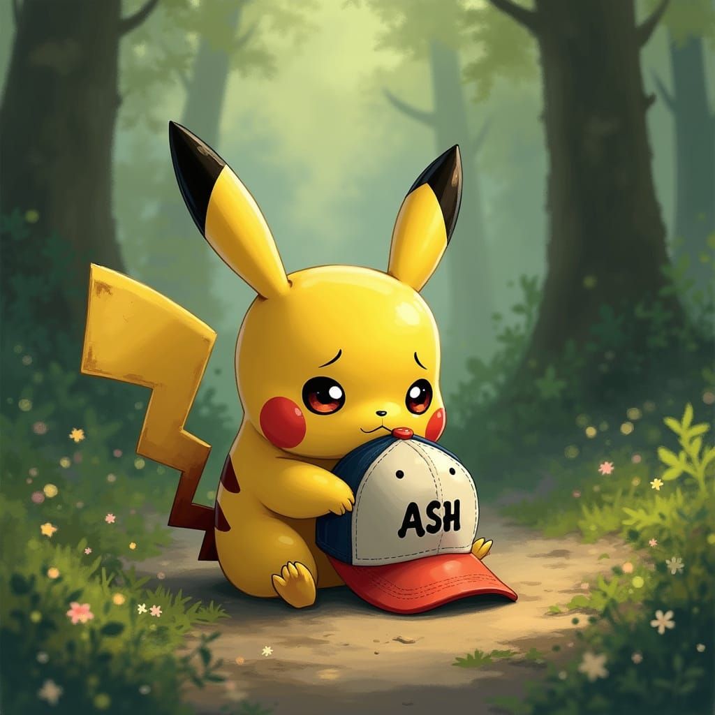 Pikachu Mourns Ash's Lost Hat in Whimsical Watercolor Settin...