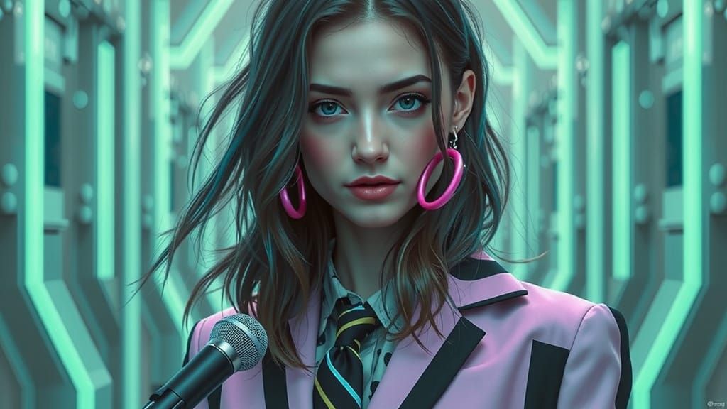 Emma Myers Look-Alike in Striped Suit with Microphone