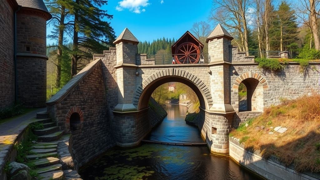 Medieval Stone Bridge with Waterwheel