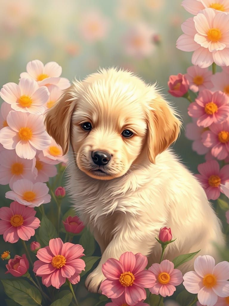 Cream Golden Retriever Puppy in Floral Spring