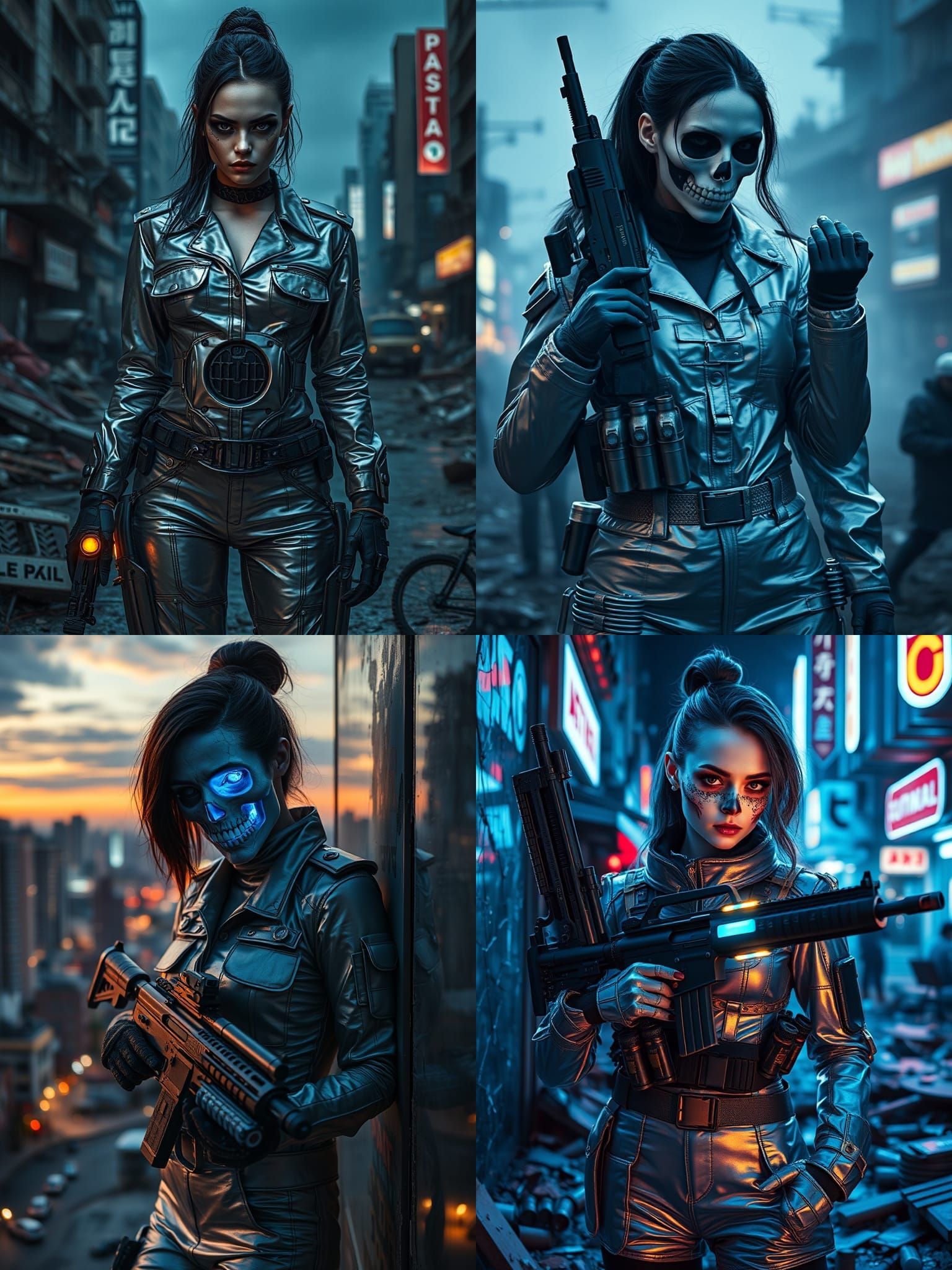 Futuristic Skull-Faced Woman in Dystopian War Scene