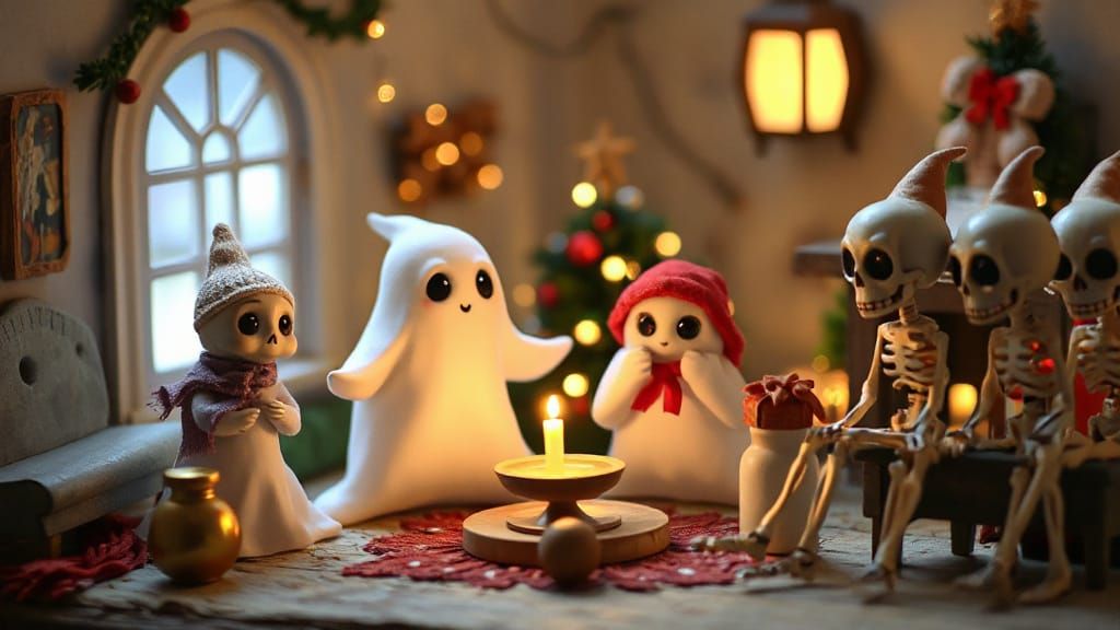 Cute Ghosts & Skeletons Celebrate Christmas