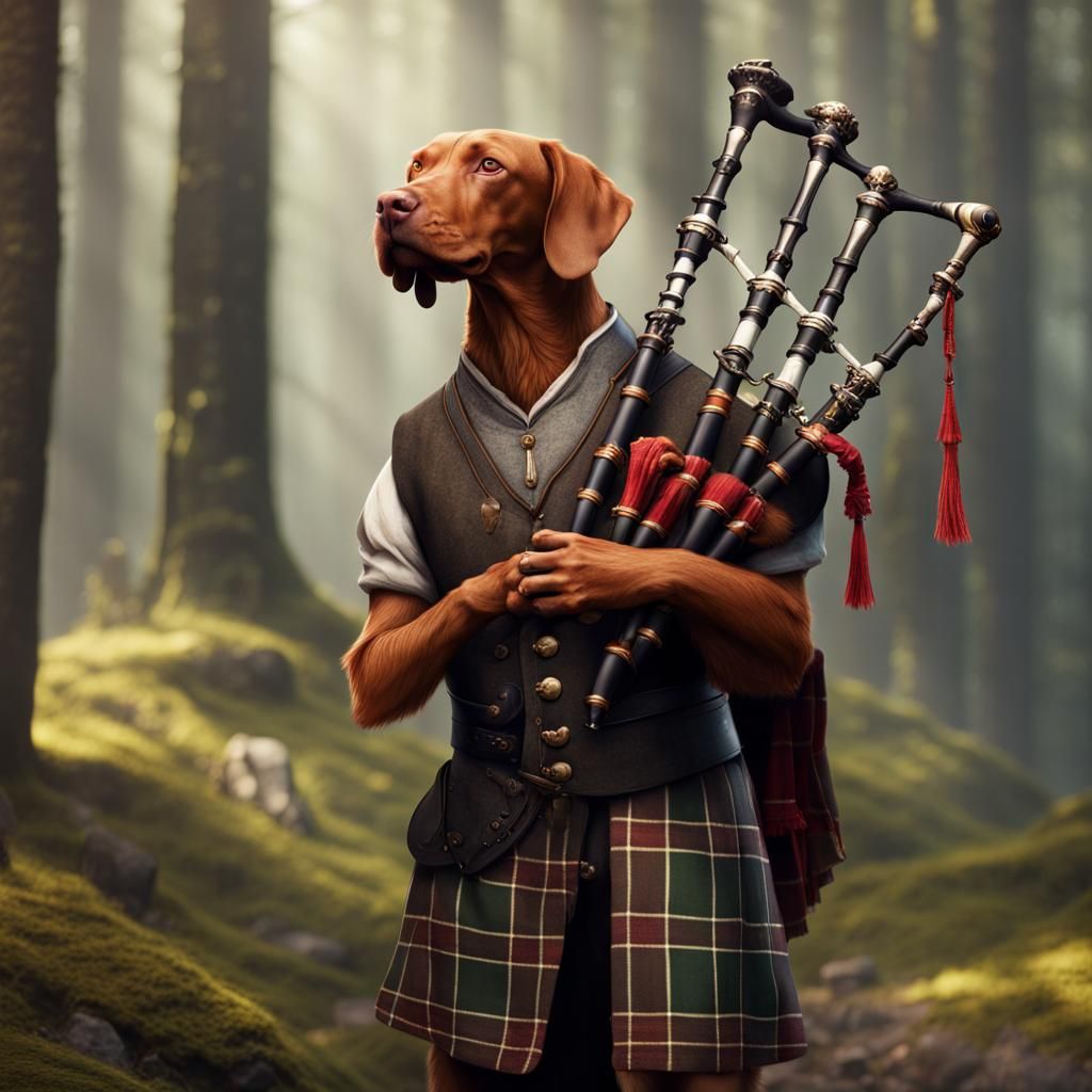 Plaid Vizsla Plays Bagpipes: Fantasy Concept Art