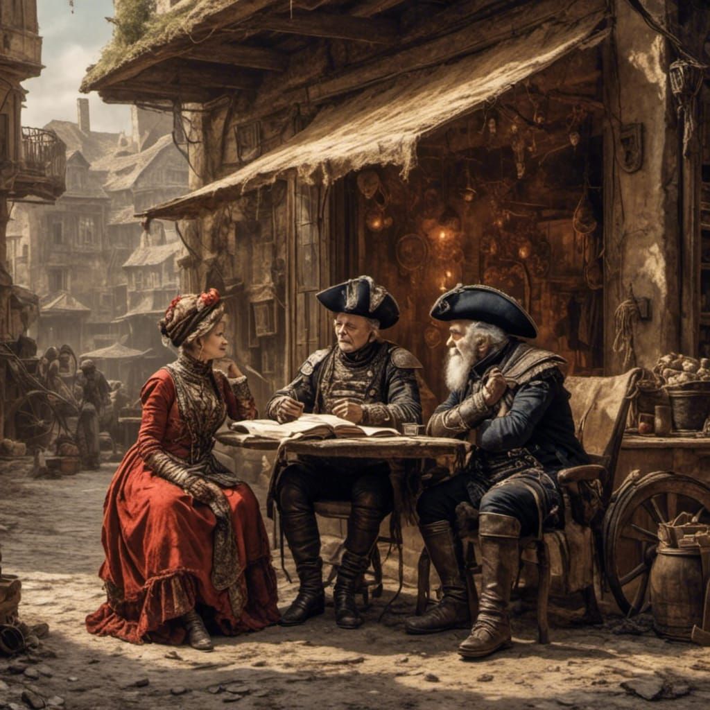 <lora:Alienbiopunk:1.0> <lora:Animation:1.0> Elderly Napoleonic couple sharing gossip over some local news.