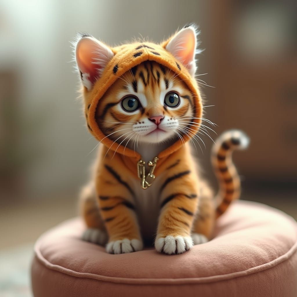 Adorable Kitten in Tiny Tiger Costume on Velvet Cushion