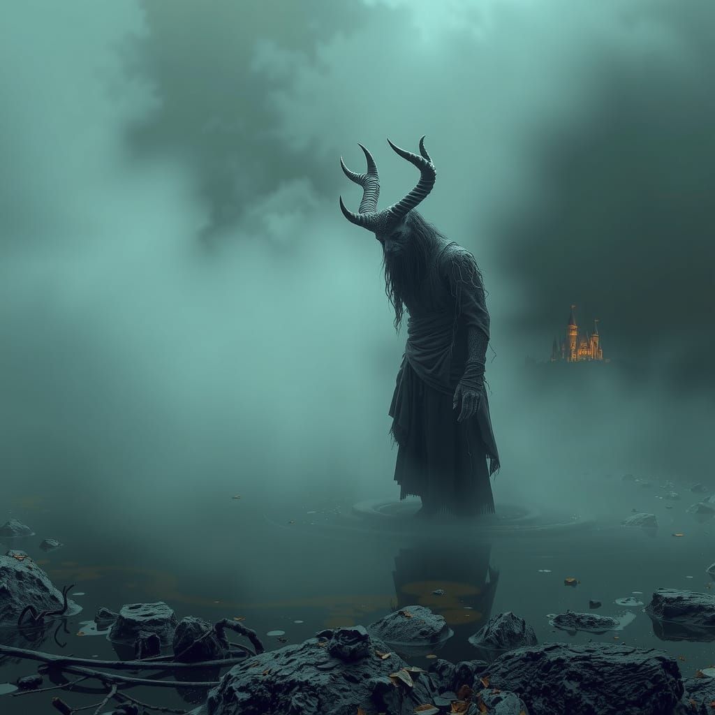 Gothic Horned Figure Rises from Murky Depths