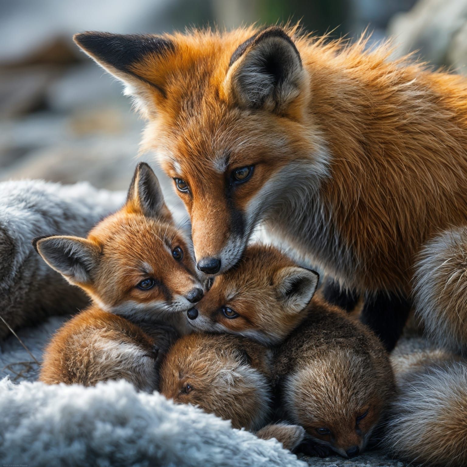 Hyperrealistic Fox with Cubs in Detailed Setting