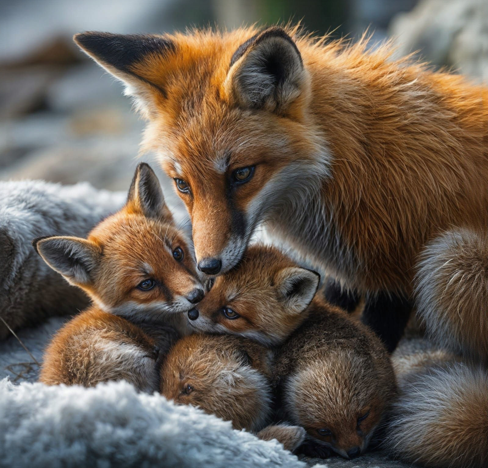 Hyperrealistic Fox Family Caring for Cubs