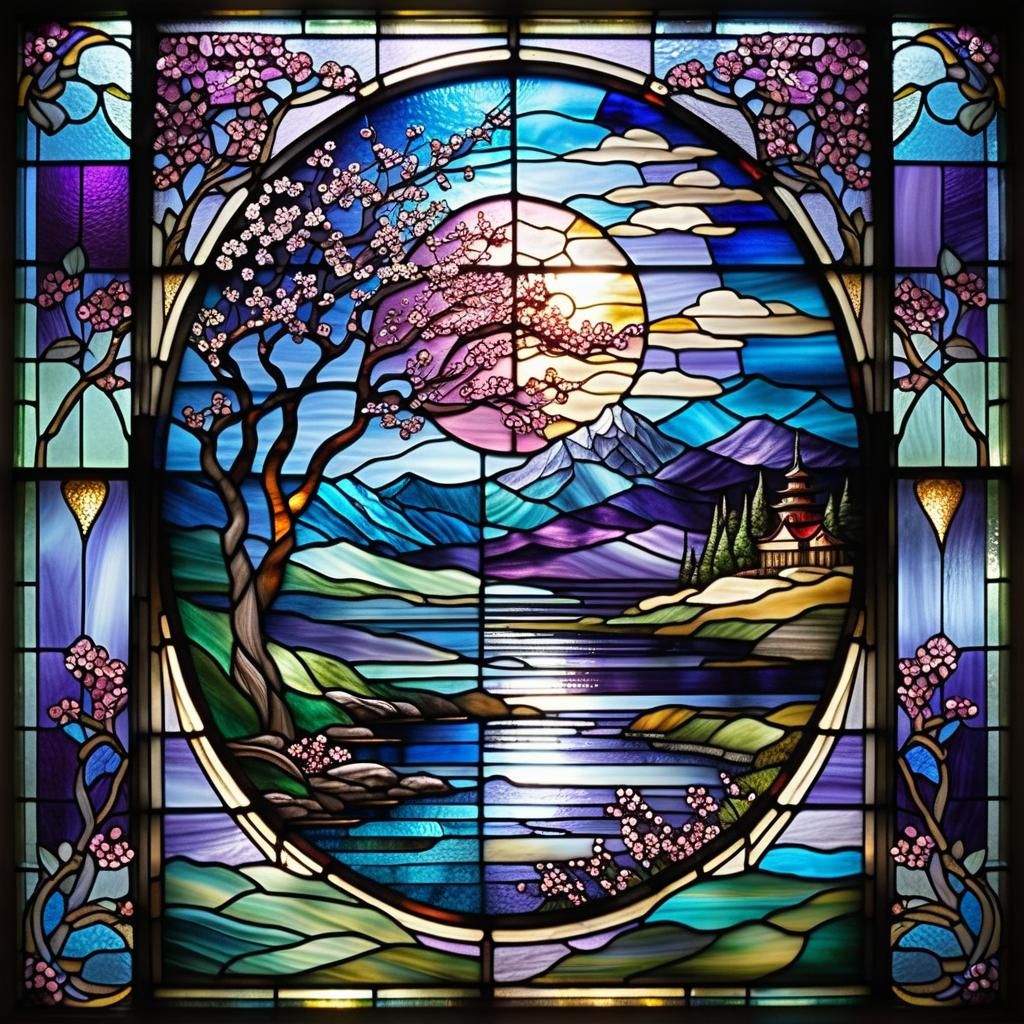 Japanese-Inspired Stained Glass Window in Pastel Colors